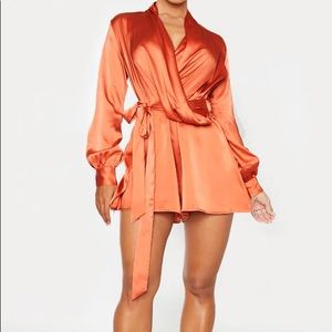 Rust Satin Drape Detail Long Sleeve Romper